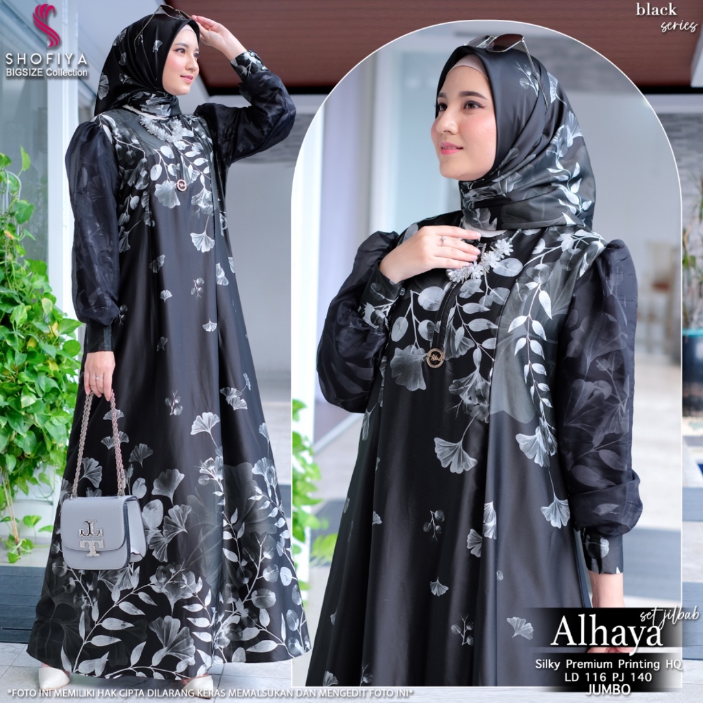 Alhaya baju dress gamis pesta set hijab syari muslim jumbo ld 116 silk motif mewah elegan premium
