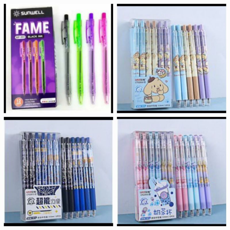 

[1 Lusin/ 12 Pcs] Bolpen/ Pulpen/ Pena Cetek Cetekan click Sunwell BP-303/ Eselon 777 Vanco 1990 1986 1960 Labubu