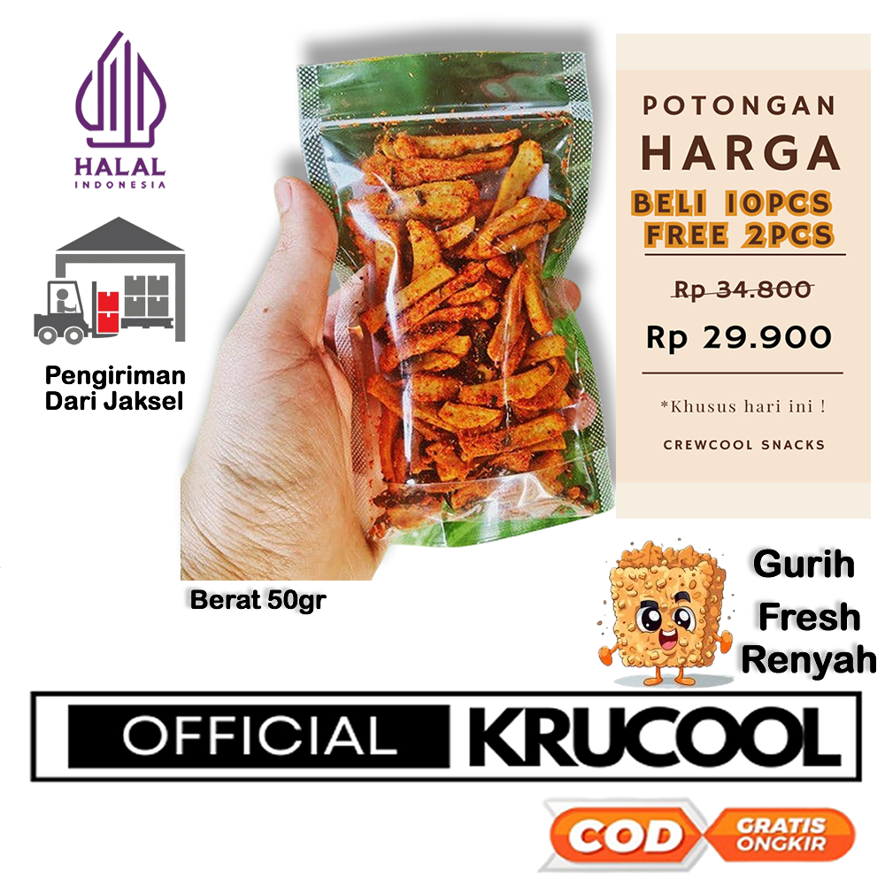 

Crewcool Basreng / Bakso Goreng Stick ( 50gr ) BELI 10 PCS FREE 2 PCS Rasa Pedas Daun Jeruk