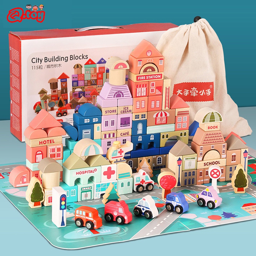 WAH MAGIC COLOR CITY BUILDING BLOCKS URBAN PASTEL 115 PCS block kayu mainan anakbalok115PCS