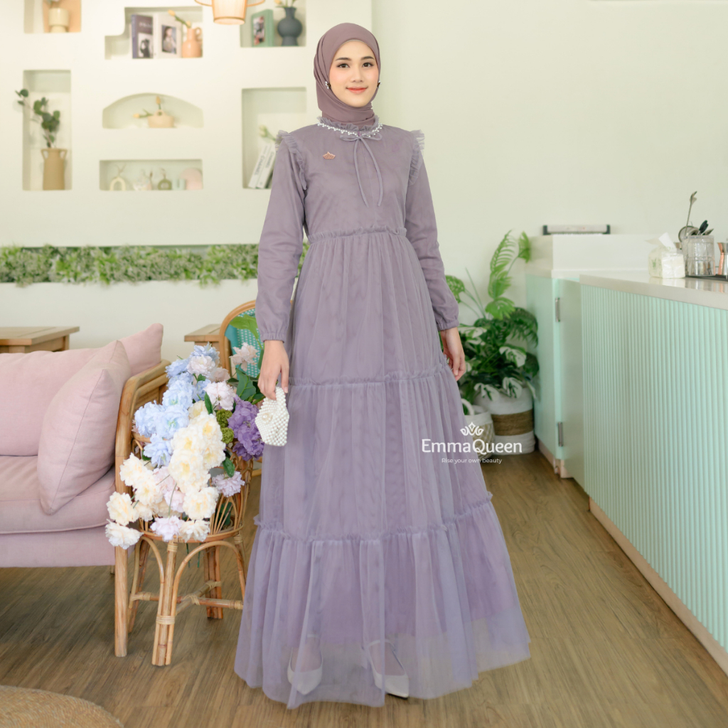 EmmaQueen - Dress Shea Baju Kondangan Wanita Elegan Katun Tile S/XXL Mutiara Busui Pinggang Karet