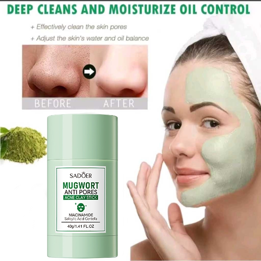 Mugwort Clay Stick Cleansing Clay Mask 40g Anti Pores & Acne Mud Facial Mask Green Mask Pore Detox Clay Stick Komedo Jerawat Mask Stick