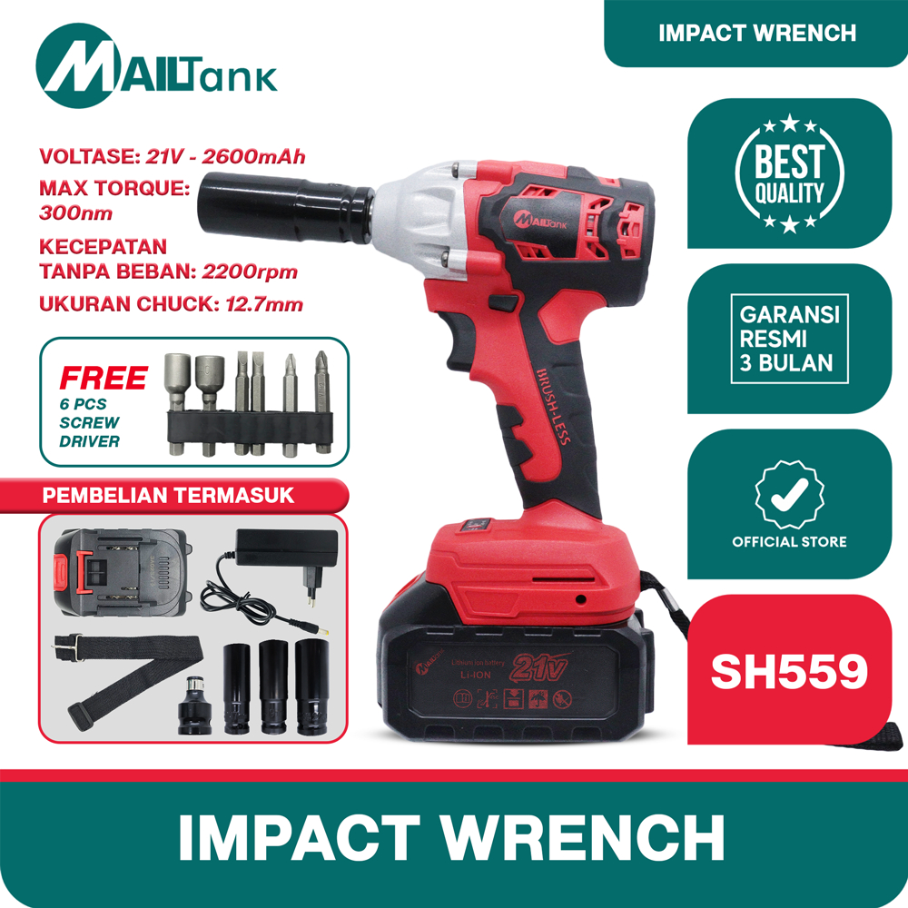 Mailtank SH559 Cordless Impact Wrench 21V Brushless 300NM impact Baterai Bisa Bolak Balik MESIN BOR 