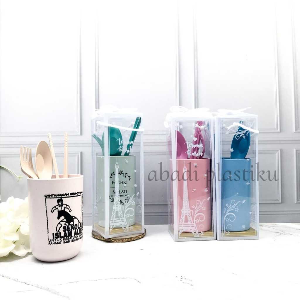 Souvenir Gelas Plastik OVAL/LURUS + SGS BEBEK/SEKOP/STAINLESS Lokal Kemas Mika CUSTOM SABLON