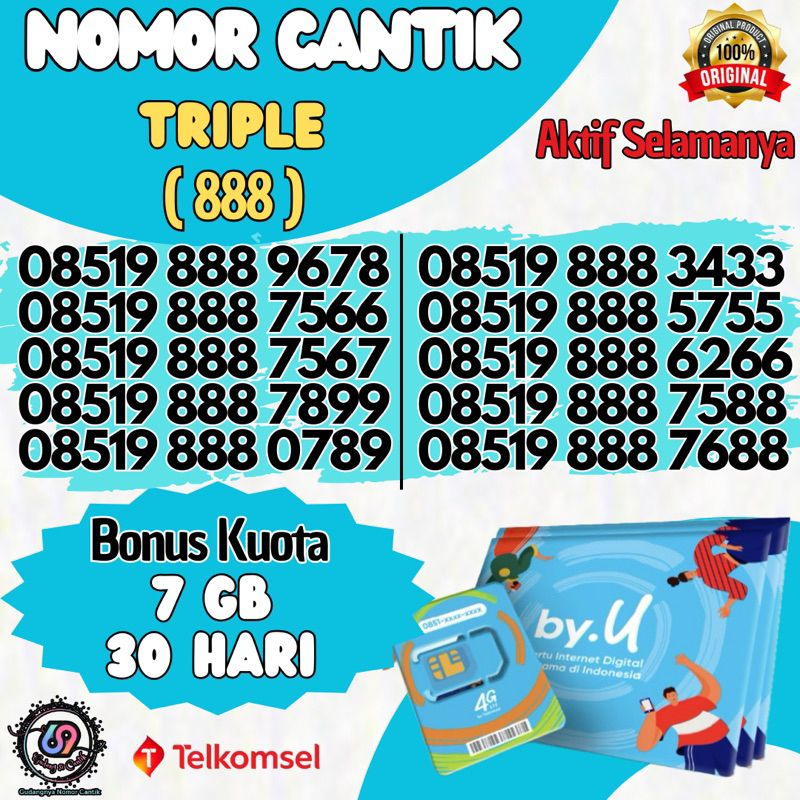 Nomor Cantik Triple (888) Kartu Perdana by.U Telkomsel (Bonus Kuota 7GB/30hari)