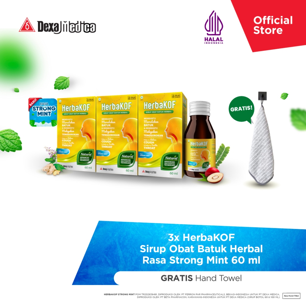 Herbakof Sirup Obat Batuk Rasa Strong Mint 60 ml x 3 Unit - FREE Hadiah