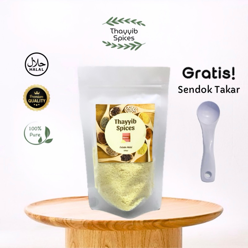 

Gelatin Sapi halal Bubuk 100gr 50gr 15gr Powder Thayyib Spices