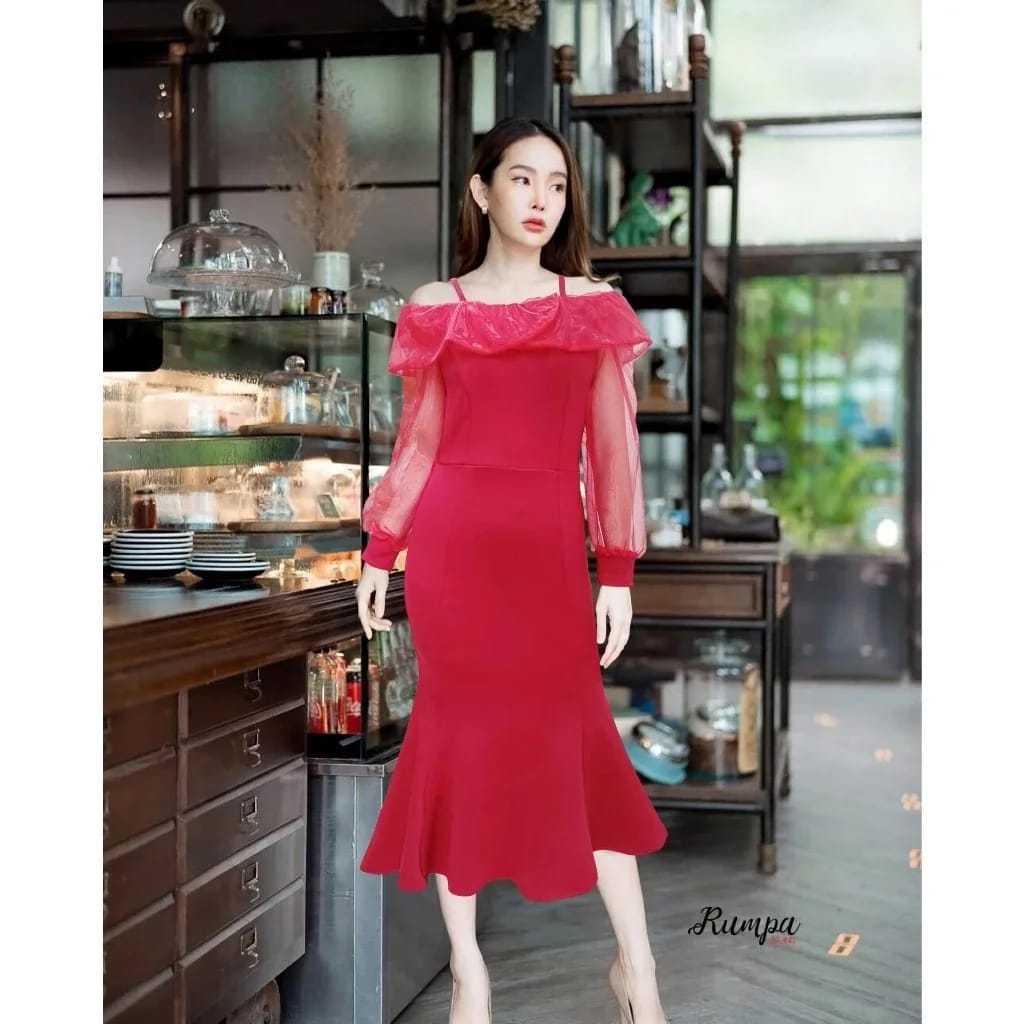 DRESS SPAN MIDI SCUBA LENGAN PANJANG TILE OUTFIT WANITA DEWASA REMAJA HITS KEKINIAN TERBARU