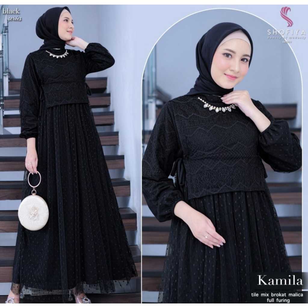 RS-id | Kamilla Dress Baju Wanita Tille Dot Full Puring Mix Brukat Malika