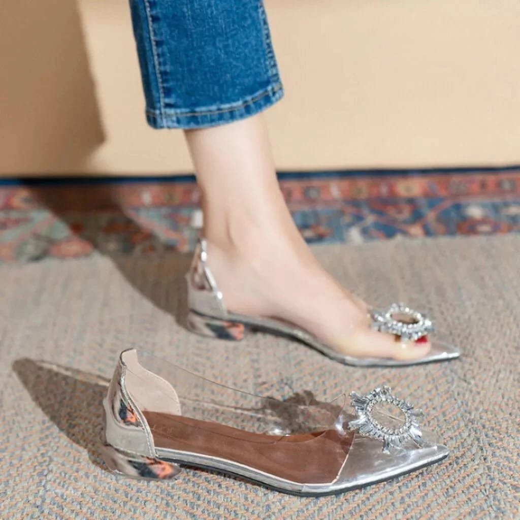 SUCISTORE Sepatu Pesta Transparan Sepatu Kerja Wanita Flatshoes Kaca Import 3cm