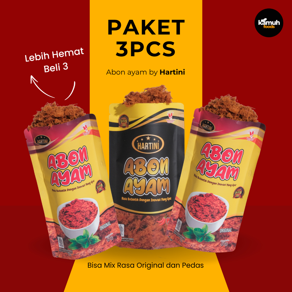 

Paket 3pcs Abon Ayam by Hartini Mix Original Pedas Pouch 60gr