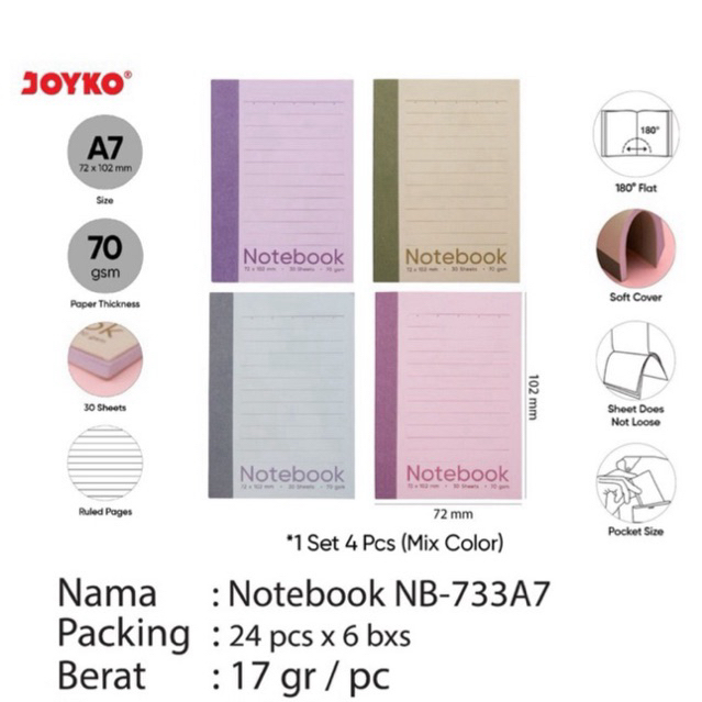 ( 4 pcs ) Notebook NB-733A7 B7 A6 / Buku Tulis Pocket 3 Ukuran / Buku Catatan Bergaris / Agenda Soft