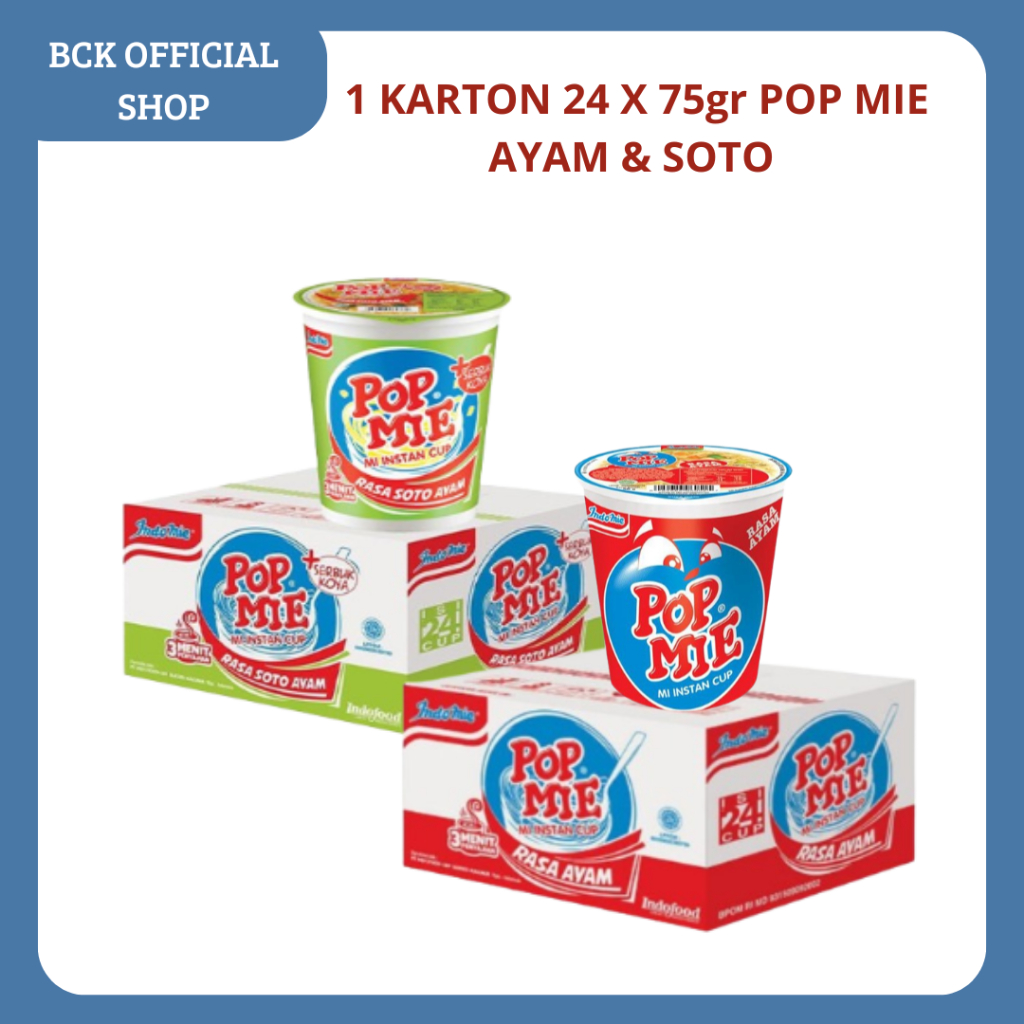 

1 Karton Pop Mie Rasa Soto Ayam & Pop Mie Rasa Ayam 24x75gr