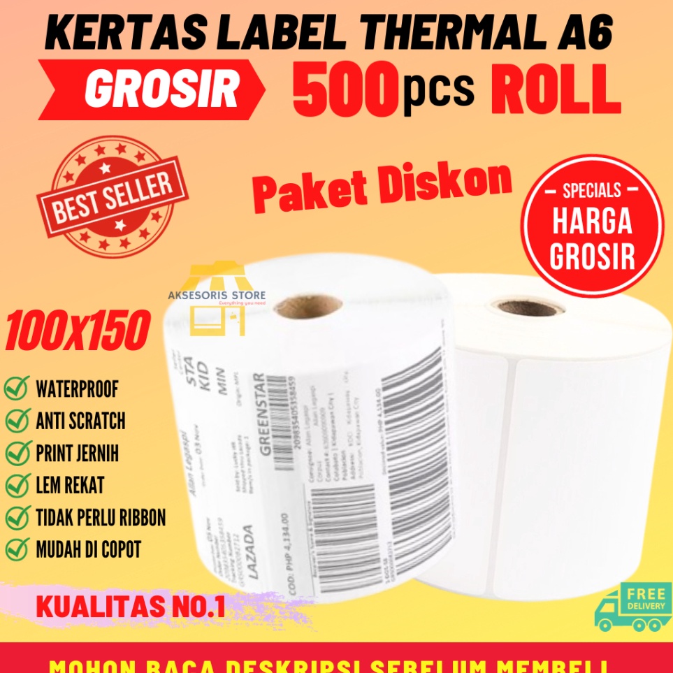 

KERTAS THERMAL LABEL STICKER 1X15 5PCS ROLL UKURAN A6 RESI BARCODE KODE U9C9