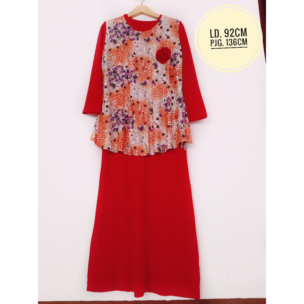 Setelan gamis wanita dan outer jersey spandek salem merah motif bunga