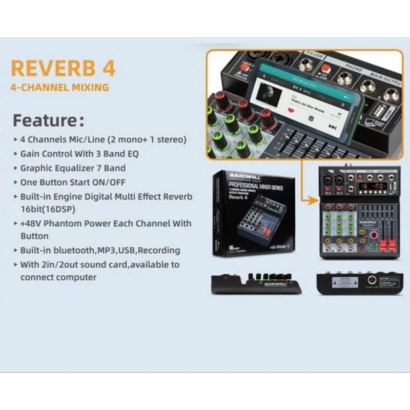 Hardwell Reverb 4 Mixer 2 Channel  Soundcard USB Bluetooth