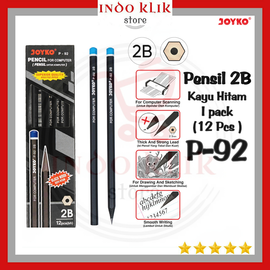 

Pensil kayu hitam joyko 2B P-92 / Pensil sekolah p 92 hitam murah