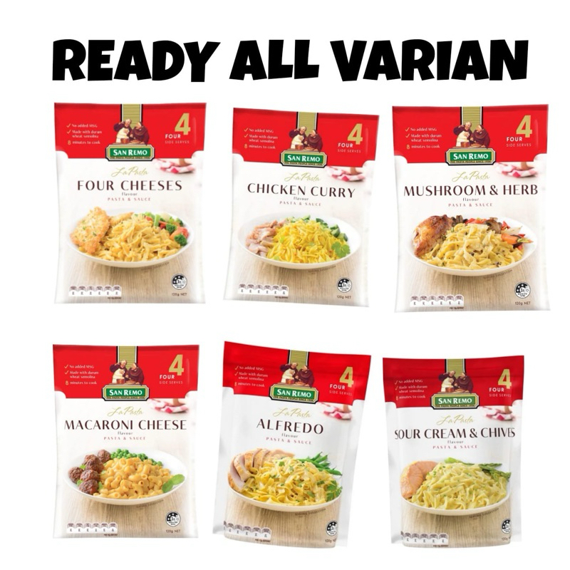 

San Remo La pasta all varian chicken curry / mushroom & herb / sour cream & chives / macaroni cheese / four cheese / alfredo 120gram