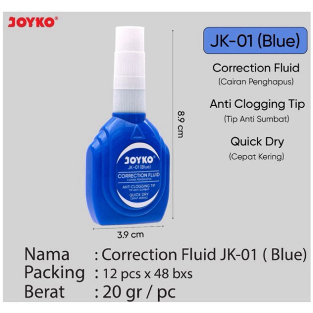 

( 1 pcs ) JK-01 Correction Fluid BIRU / Tip X warna Blue / Tipe x Cairan Koreksi Penghapus Cair Joyko JK-01