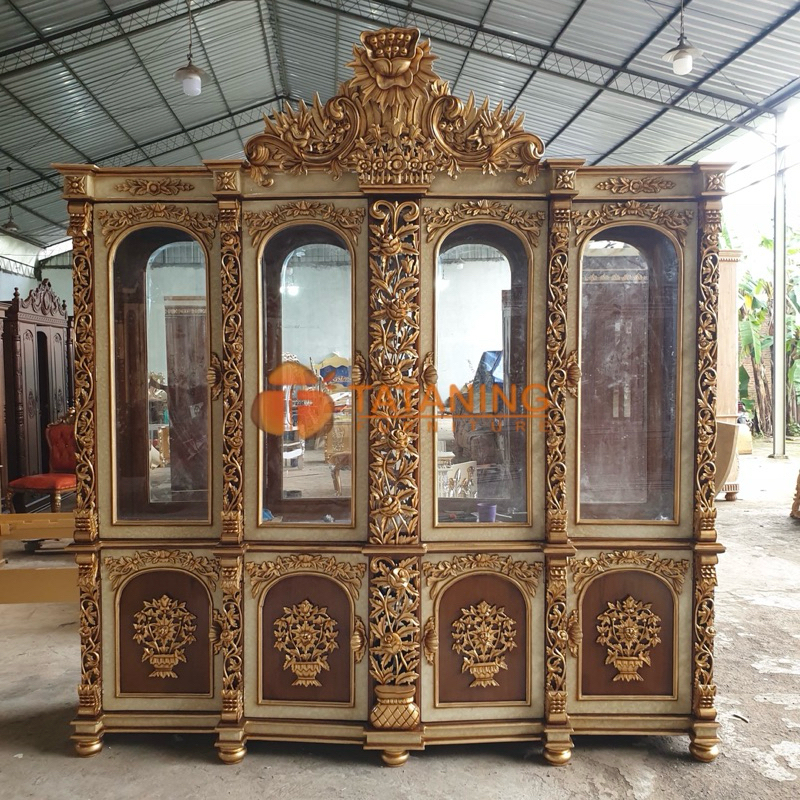 LEMARI HIAS PINTU 4 KACA KAYU JATI FINISHING MEWAH BUFET TUMPUK CABINET DEKORASI KABINET INTERIOR RU