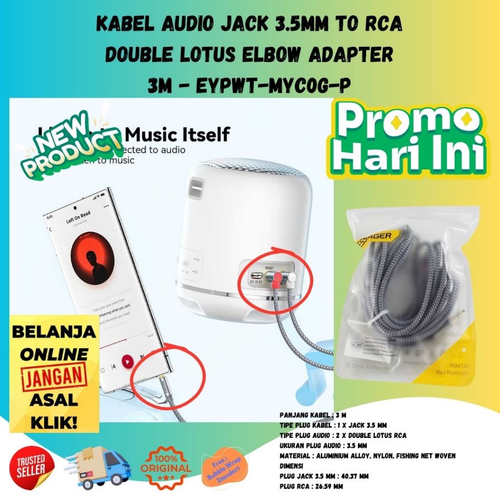 Kabel Audio Jack 3.5mm to RCA Double Lotus Elbow Adapter 3 Meter Siku Murah