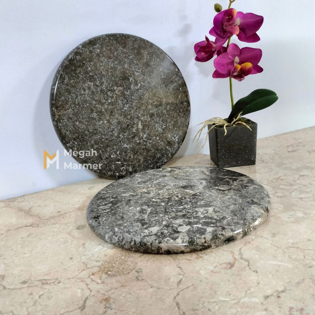 Tatakan Gelas / Marble Coaster Grey / Tatakan Piring Bulat / Accesories 20cm Glossy