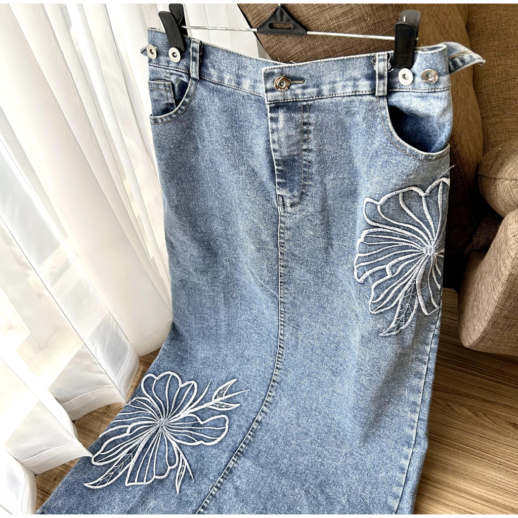 MANISO - Valen Rok Jeans Bordir Flower Bigsize Rok Span Jeans Bordir Bunga Wanita Jumbo NEW