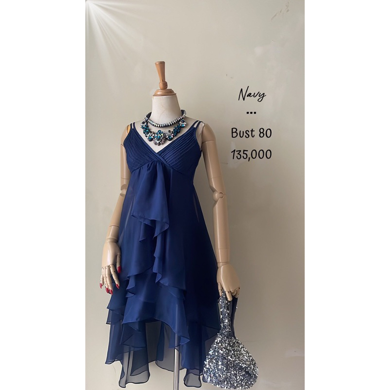 Midi gown dress organza navy tanktop setali v neck ruffle pesta remaja cewek premium preloved design