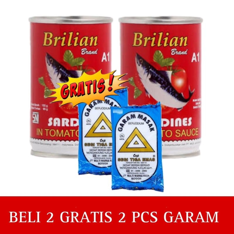 

2 Pcs Sarden Brilian 155gram Gratis 2 Garam Halus Murah Promo Ikan Tomat Kaleng