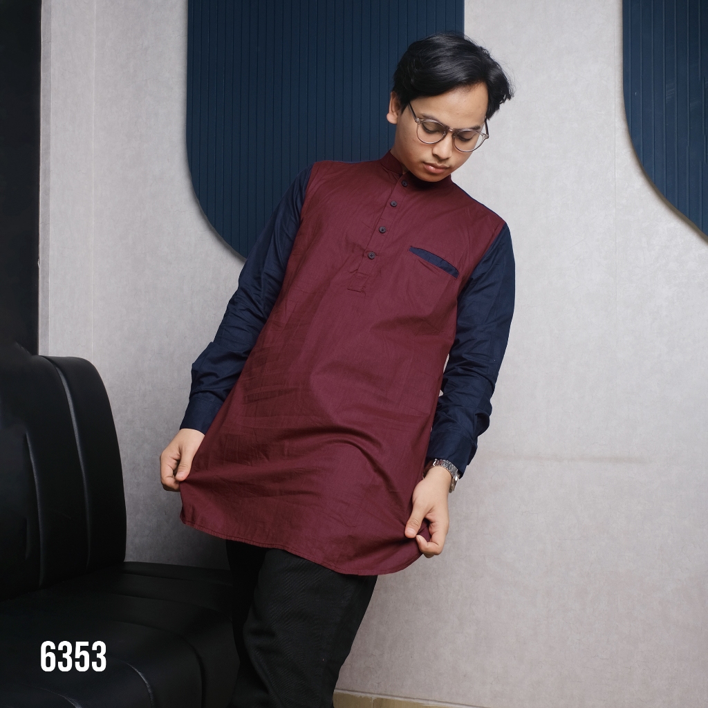 DGM Kemeja Pria Lengan Panjang Linen Calista Kerah Koko Kombinasi Merah-Navy 6353