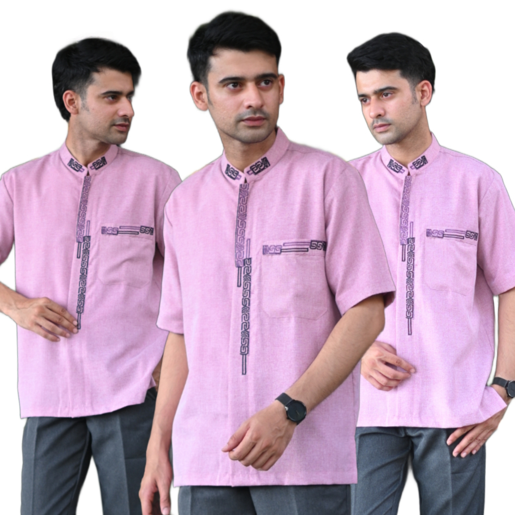 Baju Koko Pria Dewasa Motif Bordir Lengan Pendek Bahan Katun Madinah Premium Muslim Nyaman