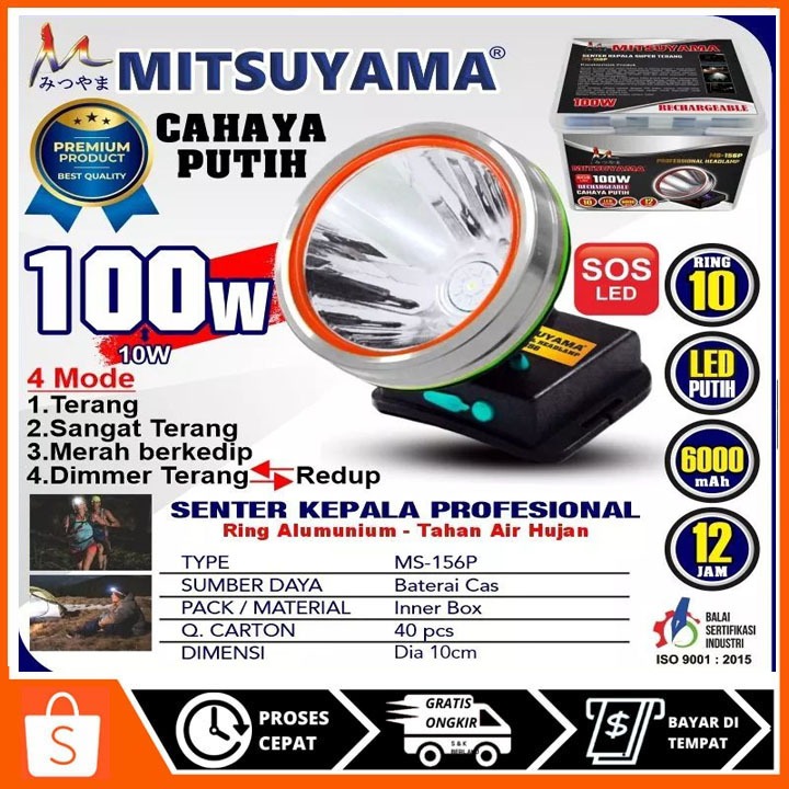 COD Senter Kepala Led Jumbo Mitsuyama 100 Watt cahaya Putih MS-156P Headlamp Professional 100 watt