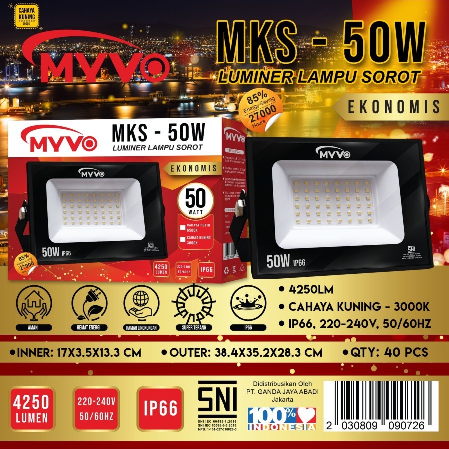 MYVO LAMPU SOROT FLOODLIGHT LED 50 WATT CAHAYA KUNING BAGUS
