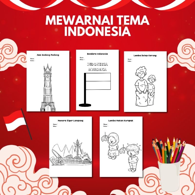 

Kertas Mewarnai Tema Indonesia Merdeka A5 menggambar colouring page lukis anak