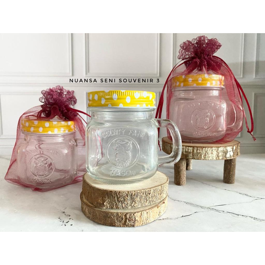 Souvenir Mug Jar Mini Gelas Infused Water Kaca Tutup Kaleng 250ml Gelas Cafe Aesthetic Motif