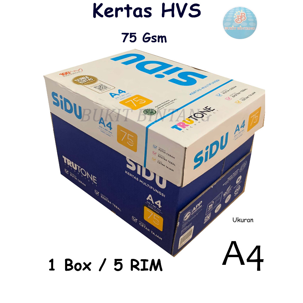 

Kertas HVS Merk SIDU Ukuran A4 75 Gsm , 1 Box isi 5 RIM