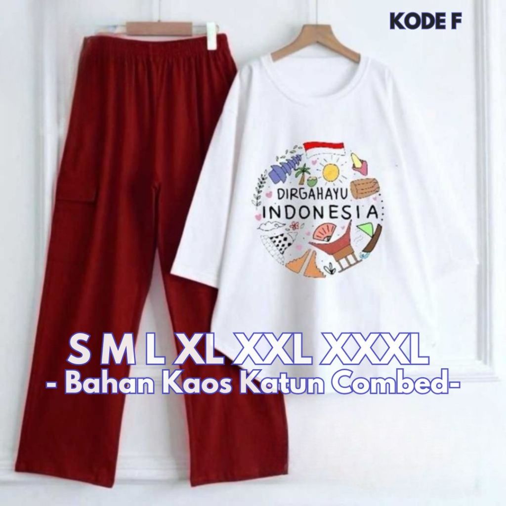 Baju Setelan 17 Agustus Wanita Merah Putih Set BO Kaos Katun Combed M L XL XXL XXXL Setelan Celana C
