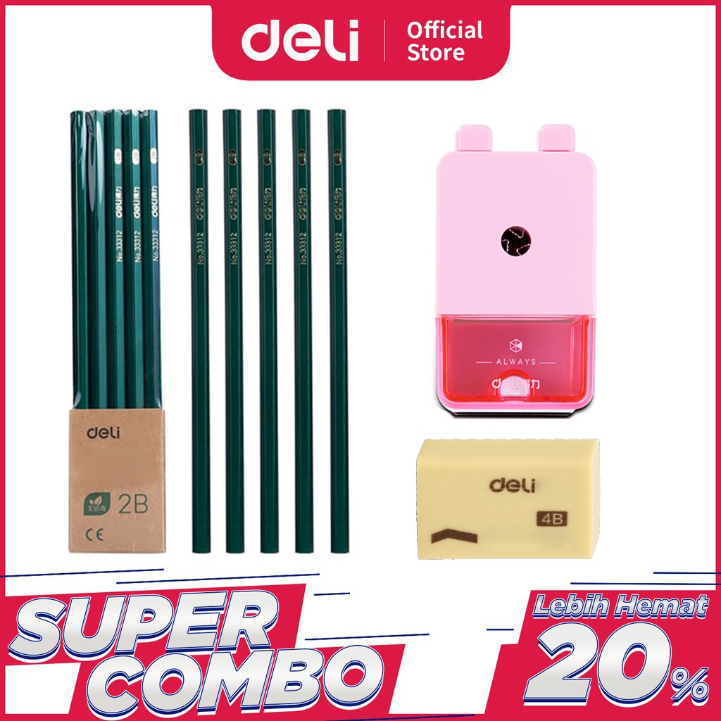 

Deli Combo Set 2 - 10pcs Pensil 2B + 3pcs Penghapus + Rautan Putar