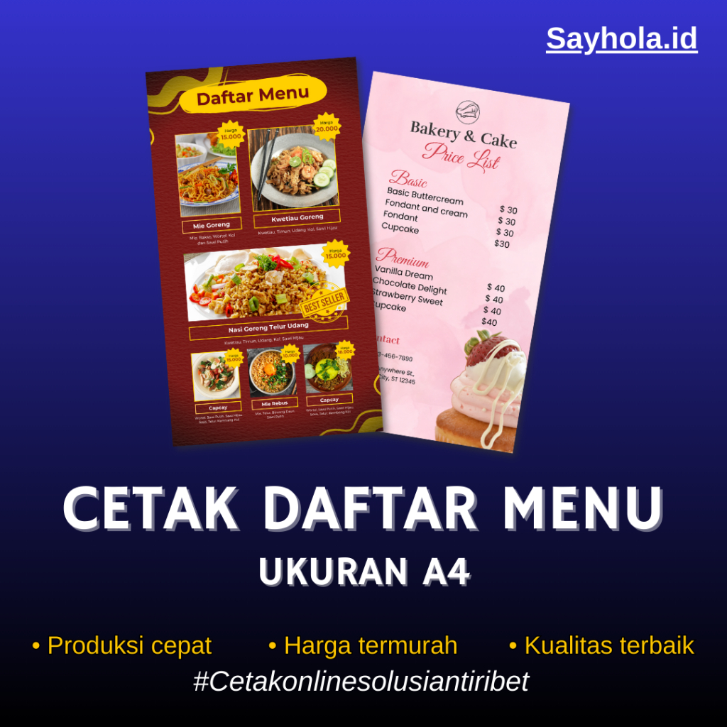 

Cetak daftar menu ukuran A4 + Laminating