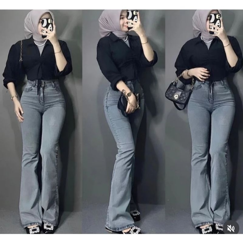 Sobek jeans Strict celana jeans panjang cutbray haighwaist lospants jeans tebal halus warna putih// 
