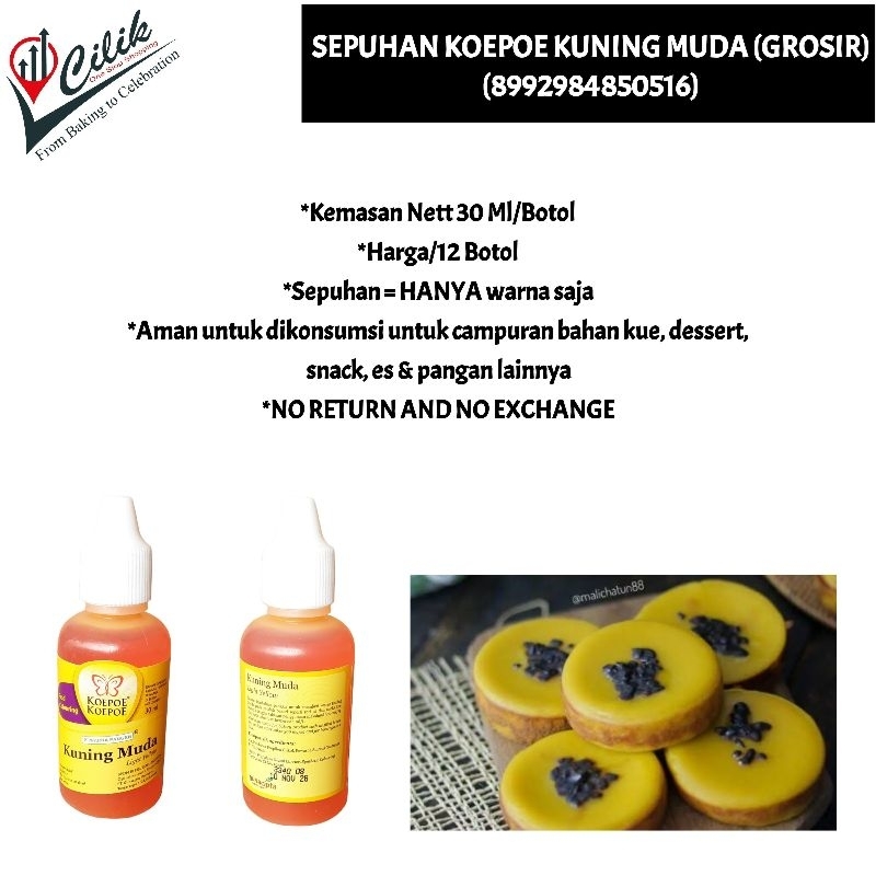 

sepuhan+color+cair+water+food grade+aman dikonsumsi+merk+koepoe+kupu+butterfly+warna+bahan+kue+adonan+roti+donat+makanan+masakan+kue+krim+buttercream+fondant+kuning muda