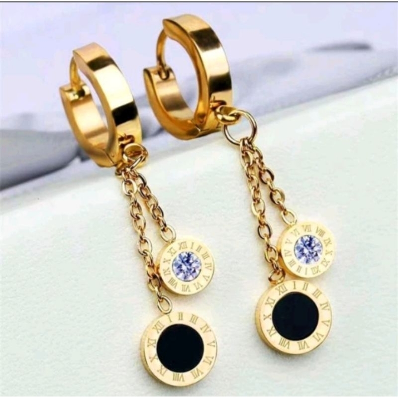 Anting panjang romawi permata hitam putih titanium