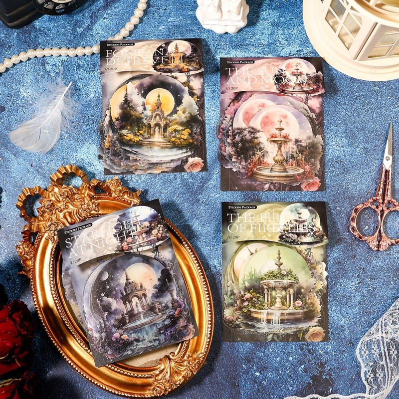 

(2DB) sticker transparan air mancur malam hari bulan fontain moon night dark journaling