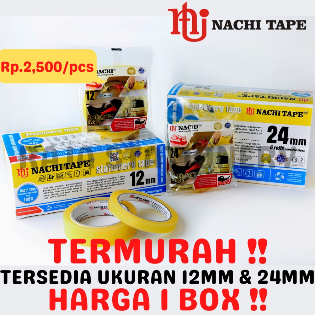 

KODE D9O2 NACHI STATIONERY TAPE 12mm 24mm SELOTIP SOLATIP LAKBAN SOLASI ISOLASI NACHI 1 BOX