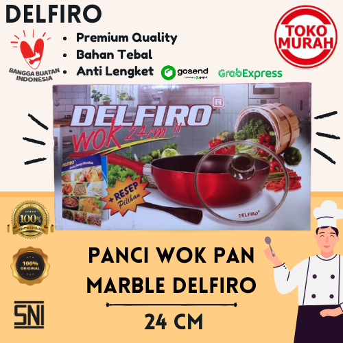 Panci Wok Pan Marble DELFIRO 24 CM Anti Lengket Bahan Tebal Tutup Kaca
