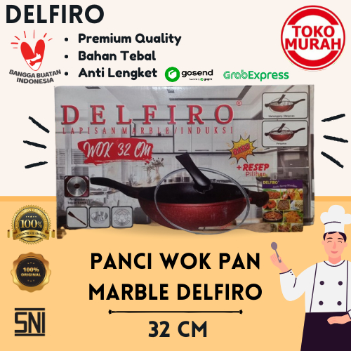 Wajan/Panci Induksi Wok Pan Marble DELFIRO 32 CM Anti Lengket Bahan Tebal Tutup Kaca