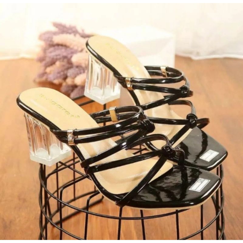 sendal heels wanita kaca bunga tinggi 7cm