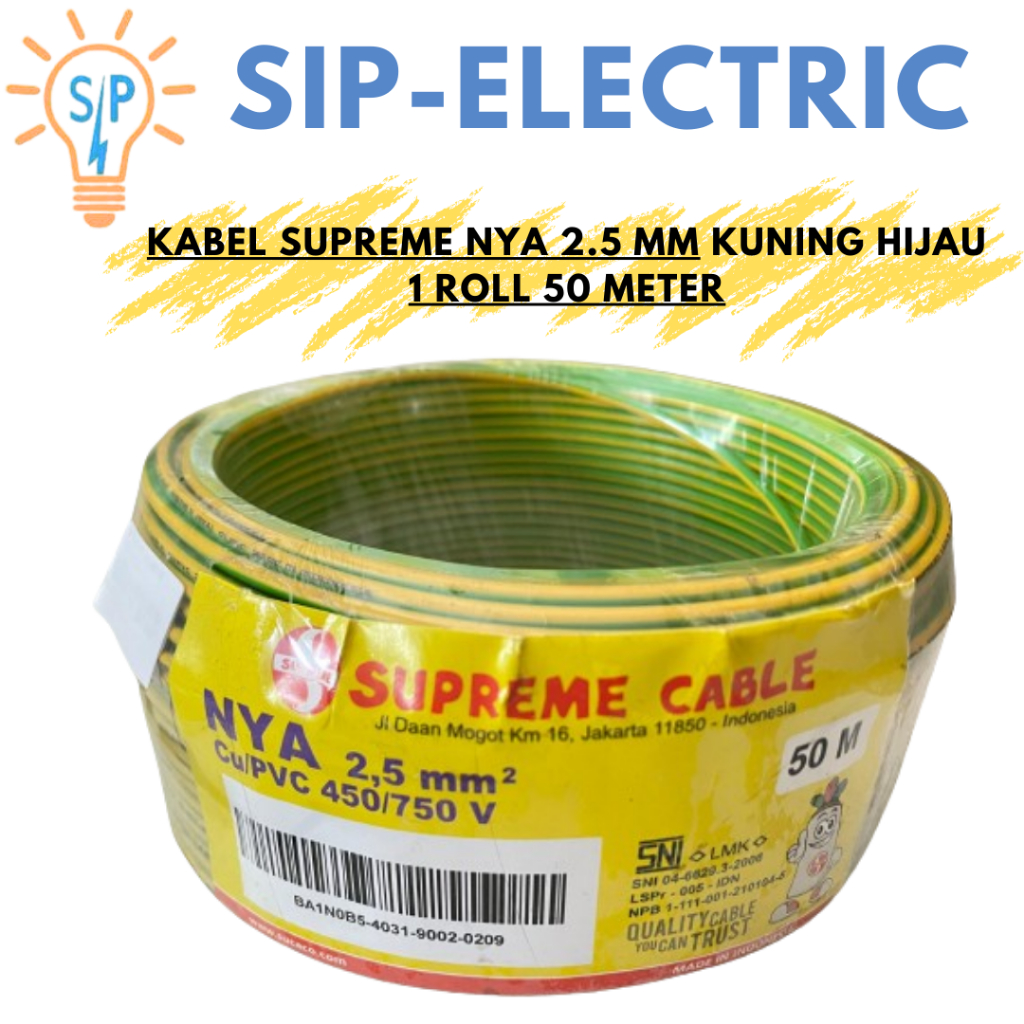 Kabel Supreme NYA 2.5 MM Kuning Hijau ( 1 Roll 50 Meter )