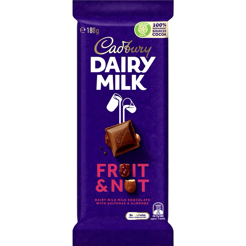 

Cadbury Dairy Milk Fruit & Nut Chocolate Block 180g - Australia