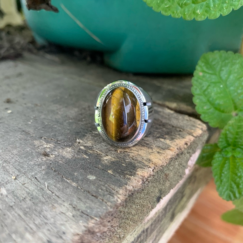 Cincin Batu Akik Natural Tiger Eye Biduri Sepah Ring Monel Doff Perak Handmade Elegan Minimalis